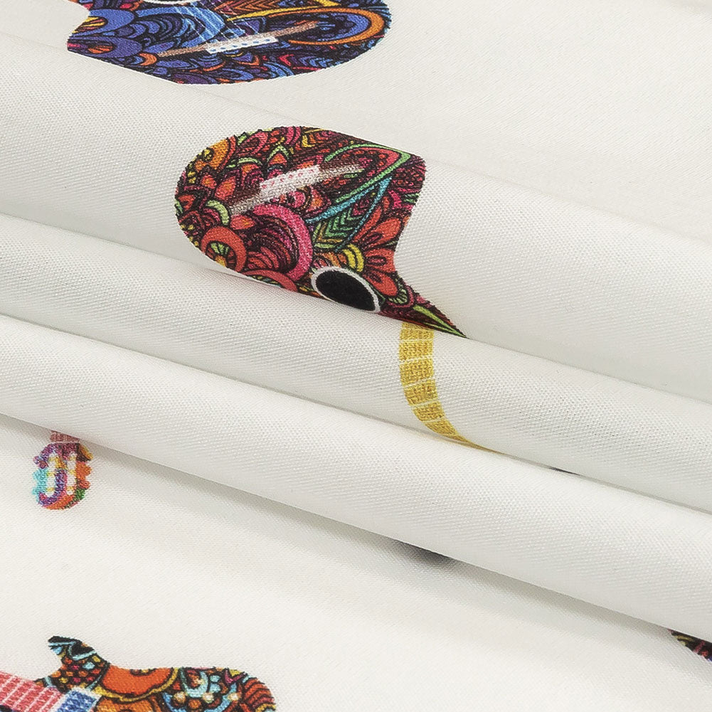 Blanc de Blanc and Multicolor Decorated Guitars Cotton Shirting Folded