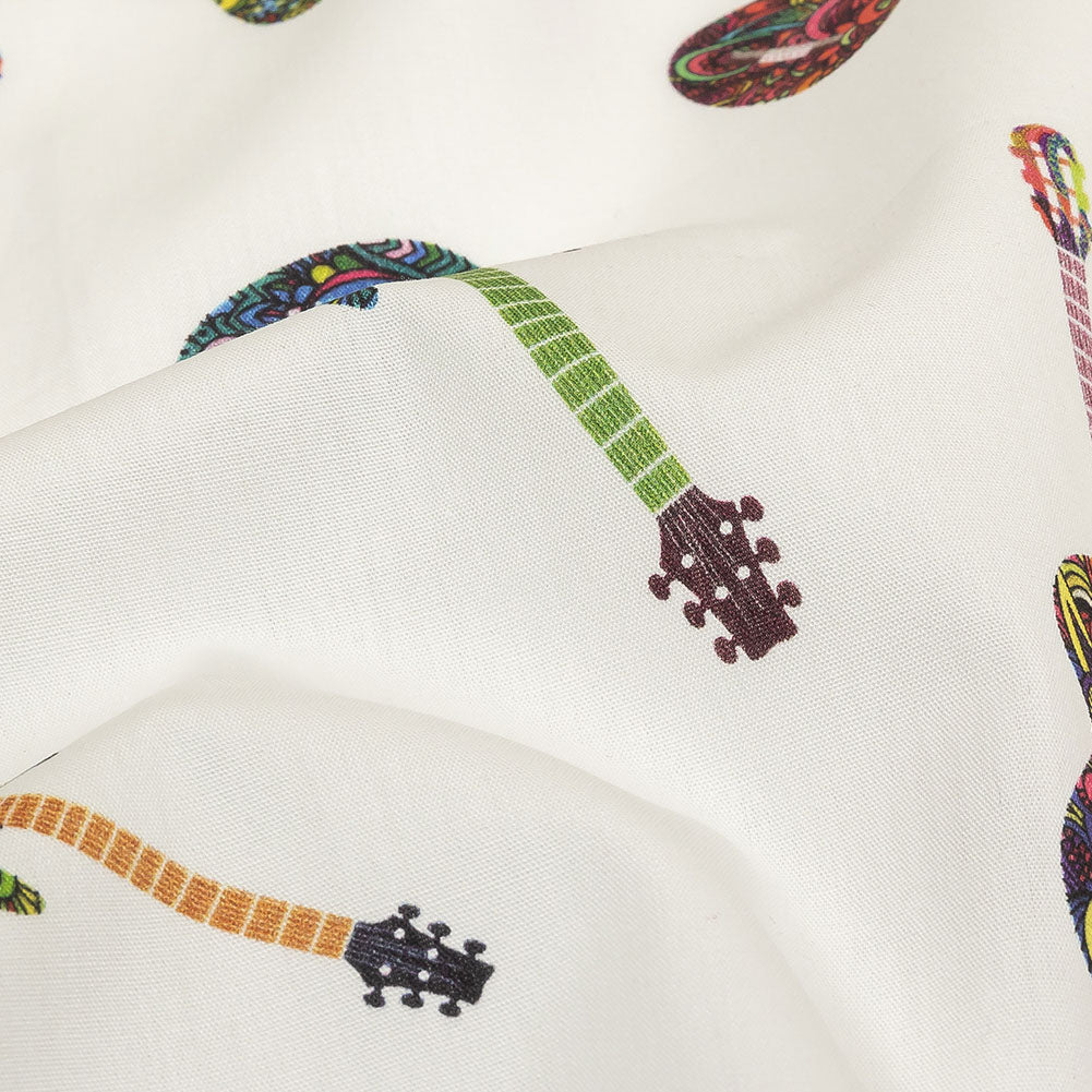 Blanc de Blanc and Multicolor Decorated Guitars Cotton Shirting Detail