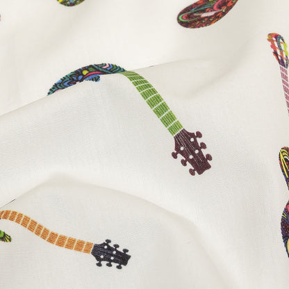 Blanc de Blanc and Multicolor Decorated Guitars Cotton Shirting Detail