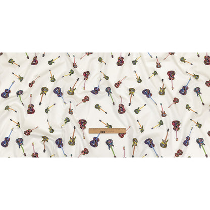 Blanc de Blanc and Multicolor Decorated Guitars Cotton Shirting Full
