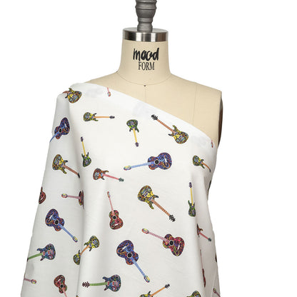 Blanc de Blanc and Multicolor Decorated Guitars Cotton Shirting Drape
