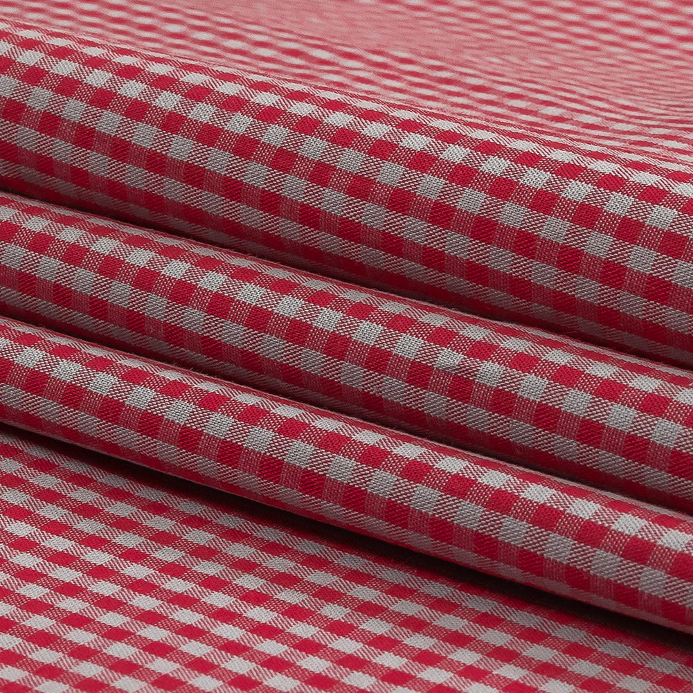 Red and Gray Checked Cotton and Polyester Shirting Folded