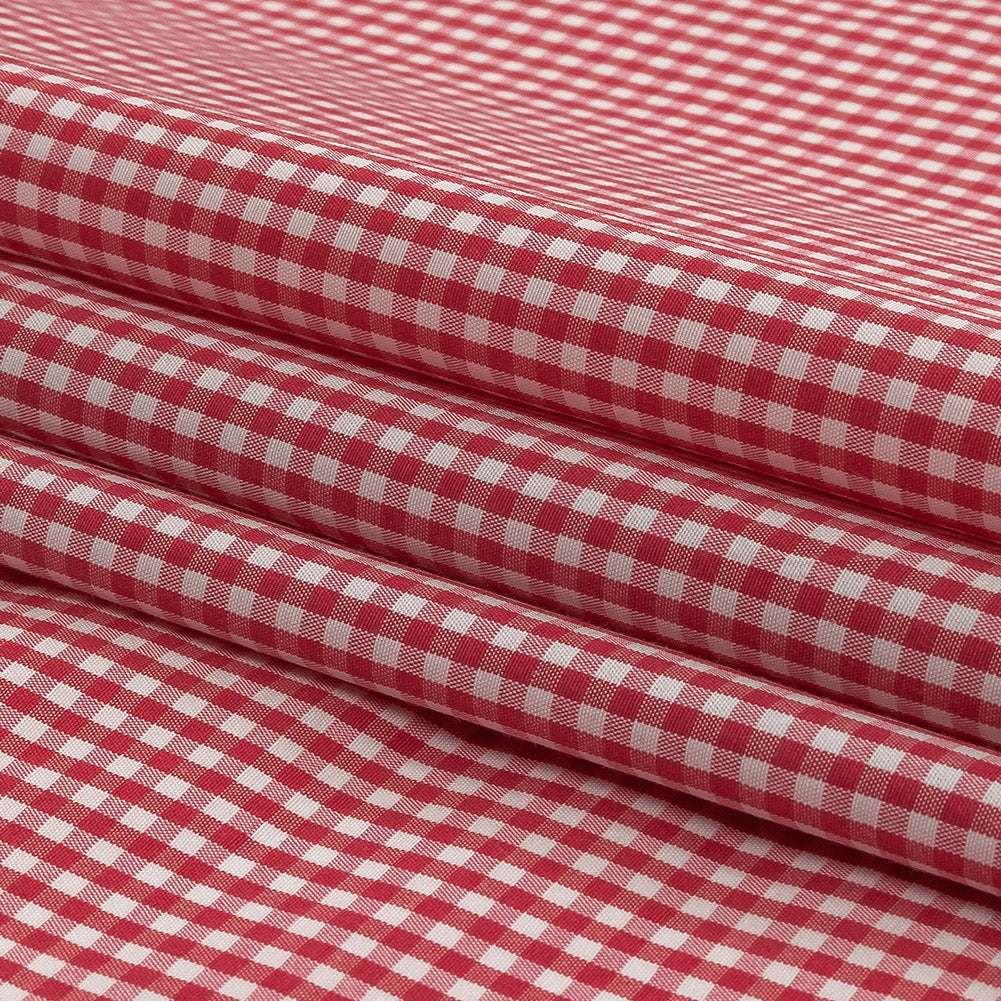 Red and White Checked Cotton and Polyester Shirting Folded