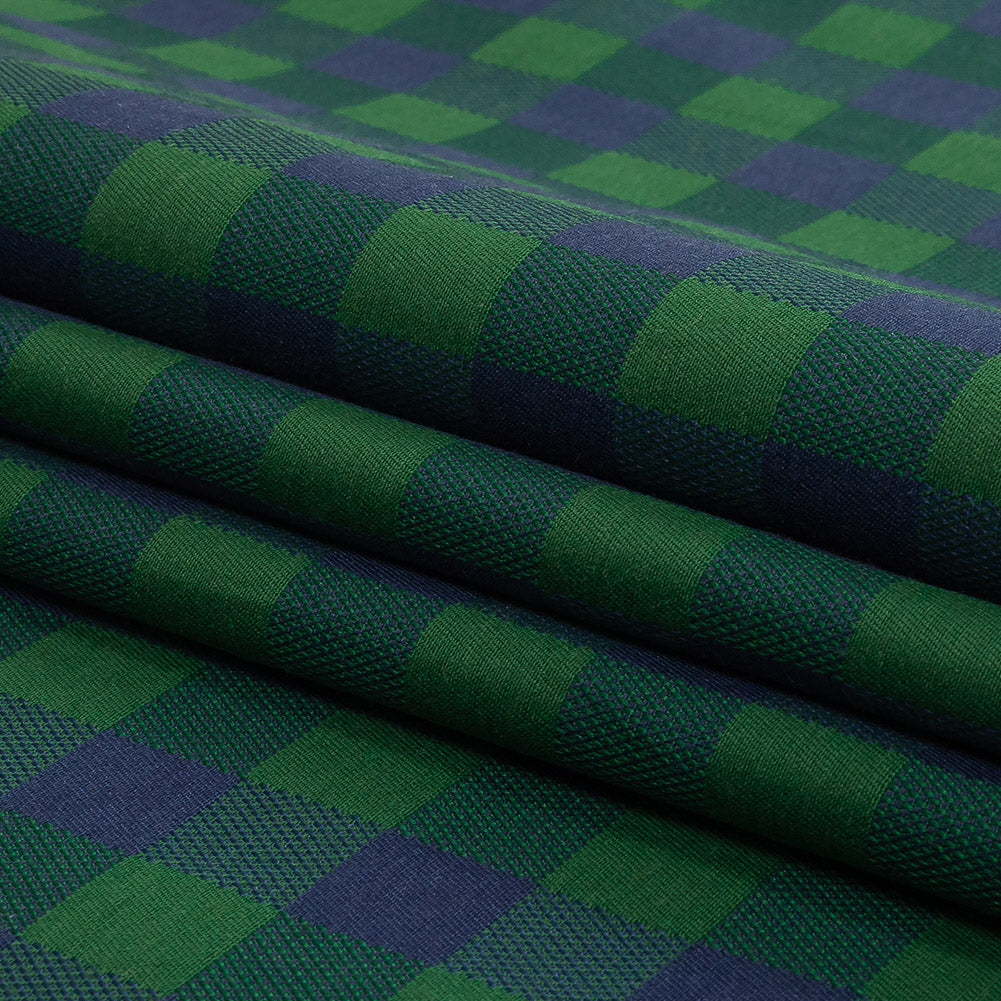 Blue and Green Checkered Cotton and Polyester Dobby Folded