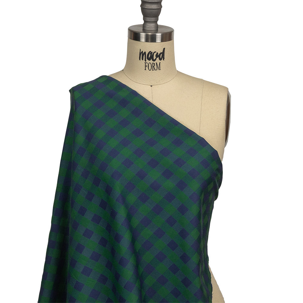 Blue and Green Checkered Cotton and Polyester Dobby Drape