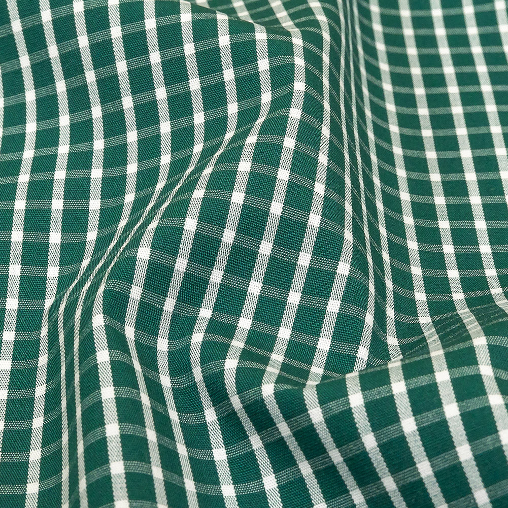 Evergreen and White Checkered Cotton and Polyester Shirting Detail