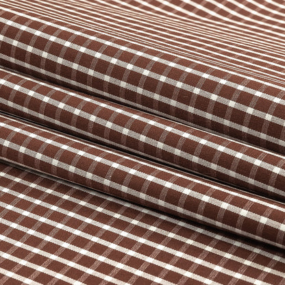 Brown and White Checkered Cotton and Polyester Shirting Folded