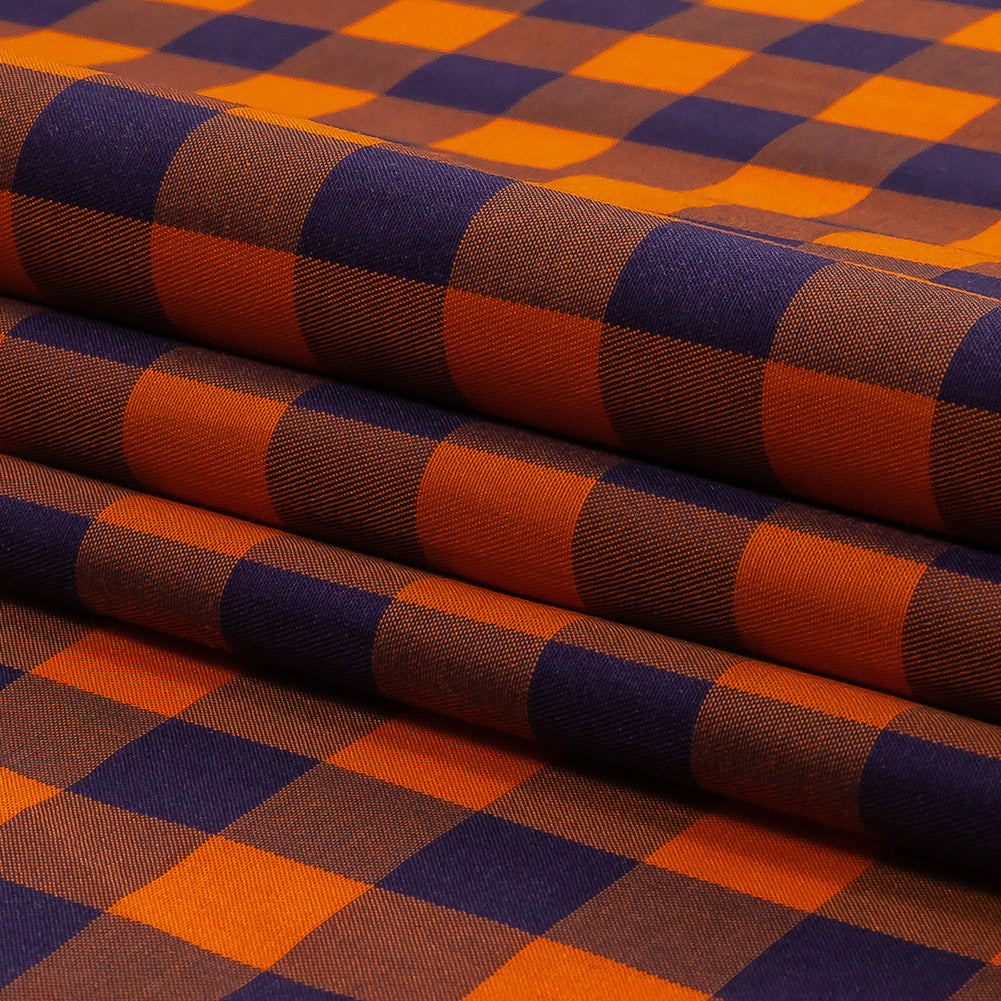 Orange and Navy Checked Cotton and Polyester Shirting Folded