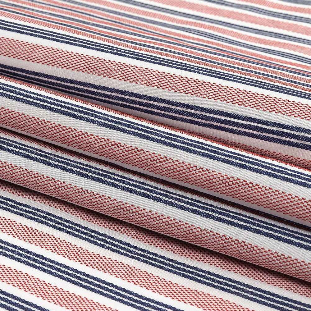 Red, Navy and White Striped Cotton and Polyester Dobby Folded