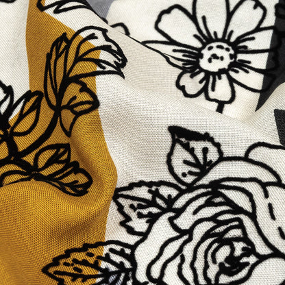 Black, Gray and Harvest Gold Flocked Flowers on Geometric Printed Viscose Woven Detail