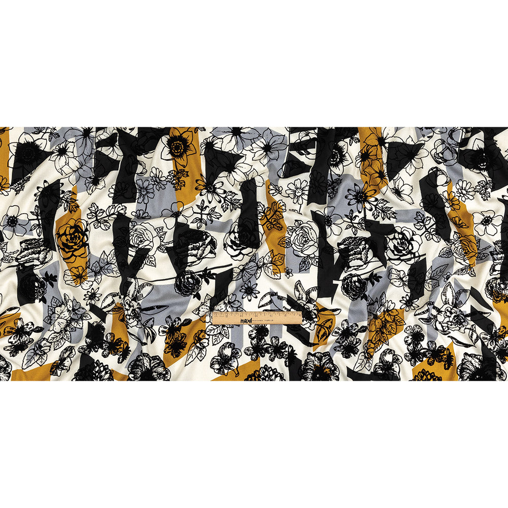 Black, Gray and Harvest Gold Flocked Flowers on Geometric Printed Viscose Woven Full