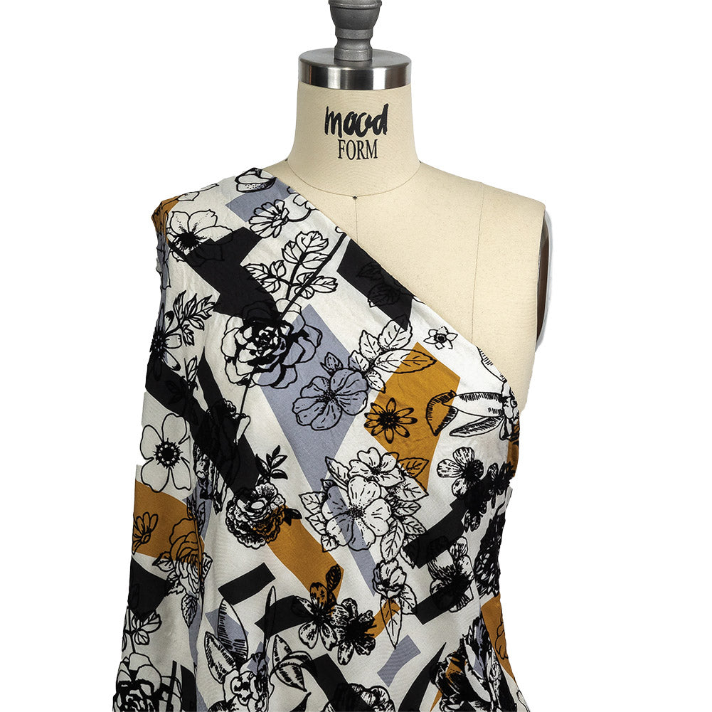 Black, Gray and Harvest Gold Flocked Flowers on Geometric Printed Viscose Woven Drape