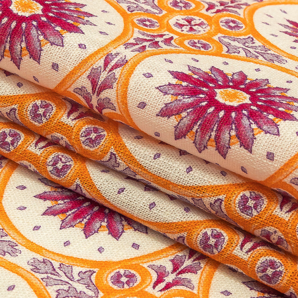 Viscose and Linen Woven Print - Magenta and Orange Floral Tiles - Mood Exclusive Sao Bento Folded