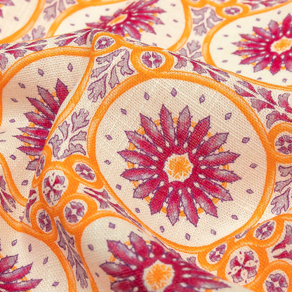 Viscose and Linen Woven Print - Magenta and Orange Floral Tiles - Mood Exclusive Sao Bento Detail