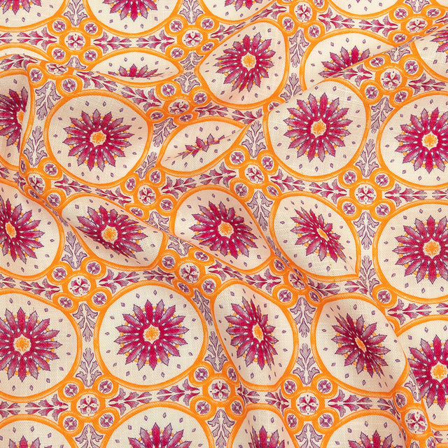 Viscose and Linen Woven Print - Magenta and Orange Floral Tiles - Mood Exclusive Sao Bento