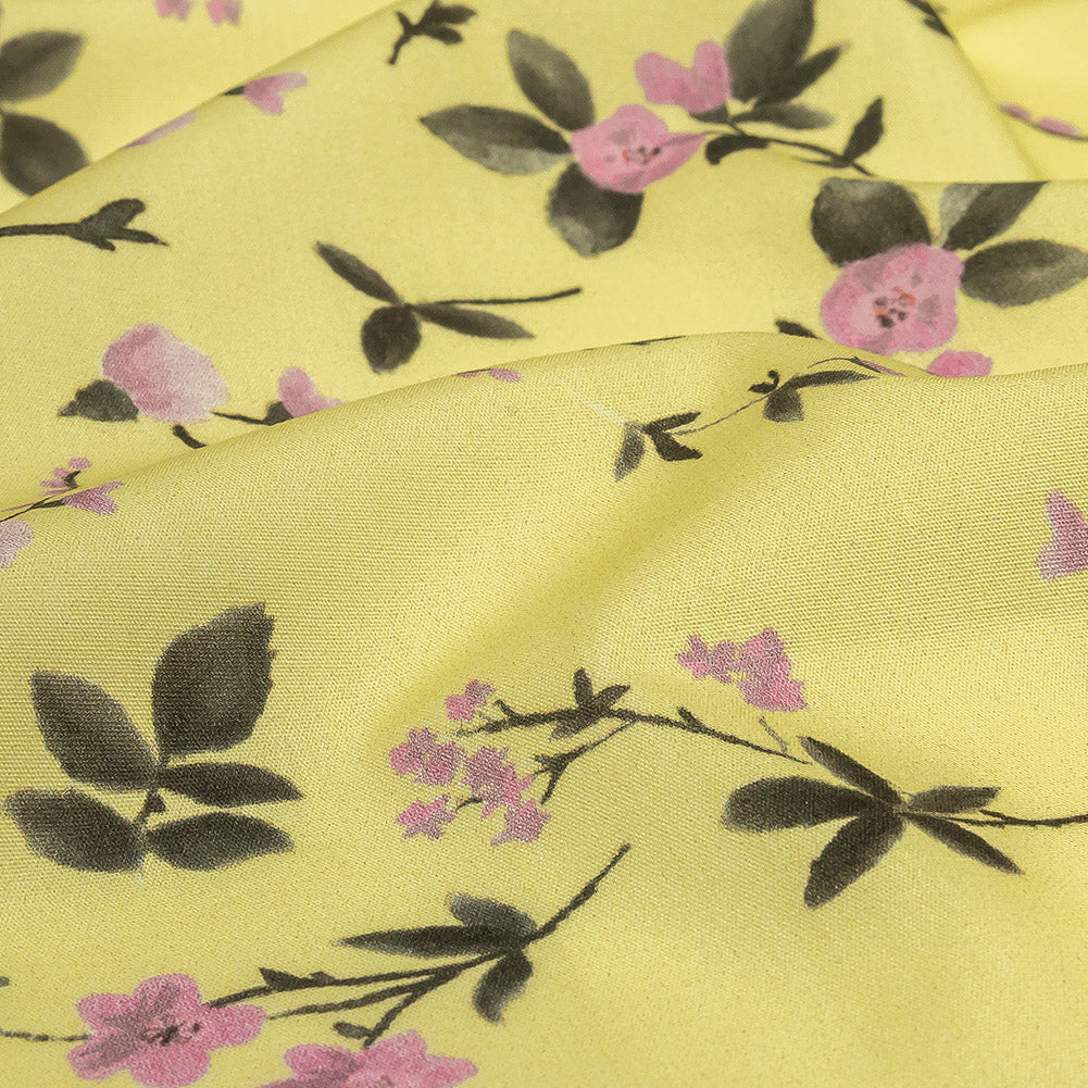 Cotton Poplin Print - Pale Yellow and Pink Floral - Mood Exclusive Sakura Sweets Detail