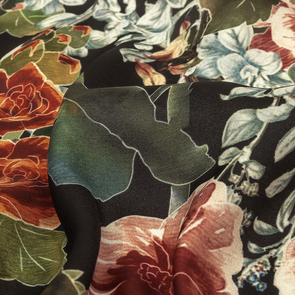 Polyester Charmeuse Print - Black, Red and Blue Floral - Mood Exclusive Misty Morning Detail