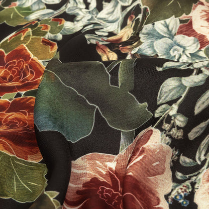Polyester Charmeuse Print - Black, Red and Blue Floral - Mood Exclusive Misty Morning Detail
