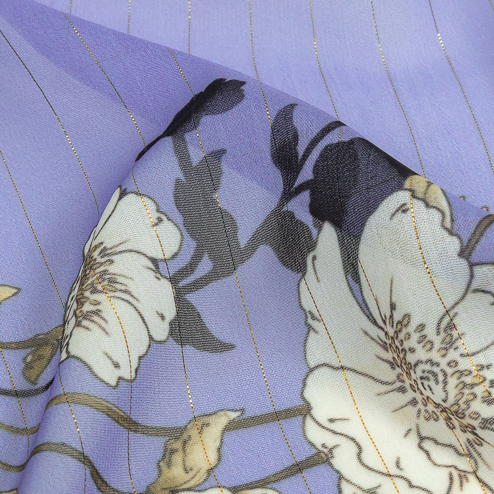 Polyester Chiffon Print with Metallic Pinstripes - Lavender and White Floral - Mood Exclusive Ornamental Orchestra Detail