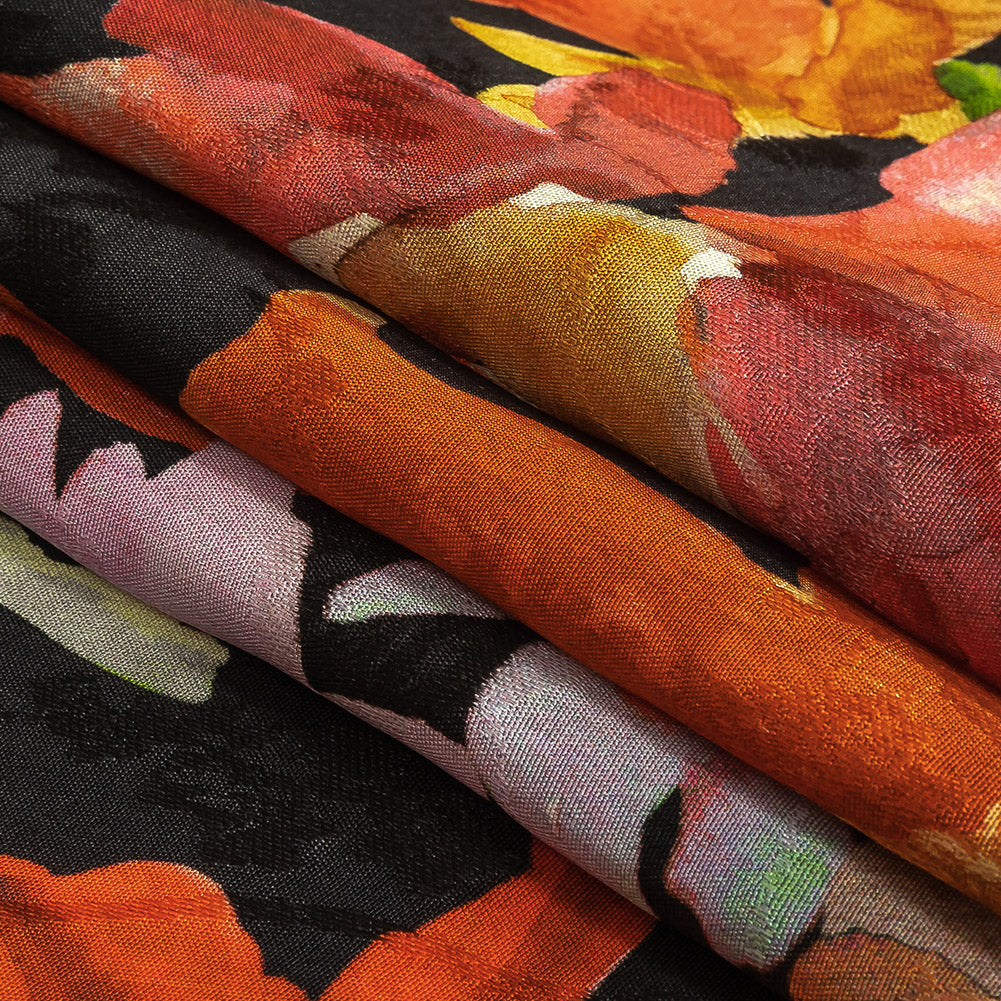Flowery Sustainable Viscose Jacquard Print - Orange and Red Painterly Floral - Mood Exclusive Painter's Palette Folded