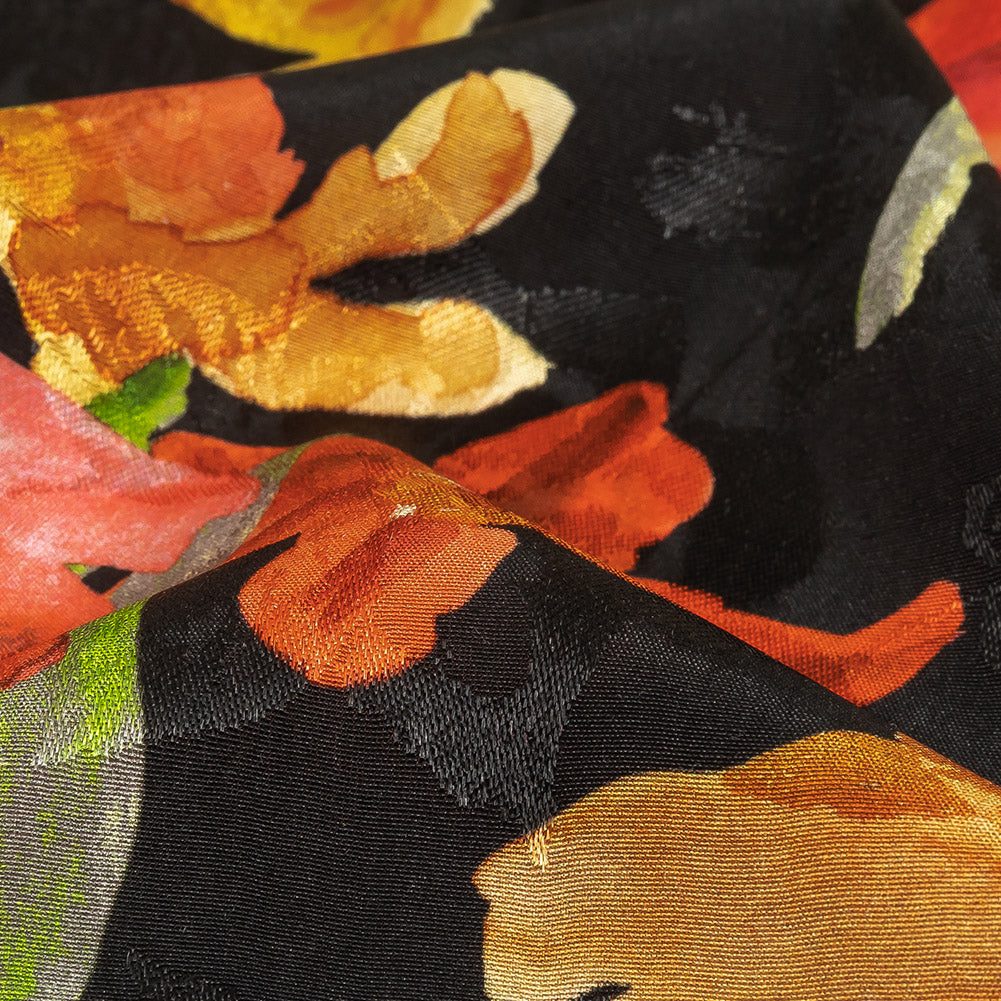 Flowery Sustainable Viscose Jacquard Print - Orange and Red Painterly Floral - Mood Exclusive Painter's Palette Detail