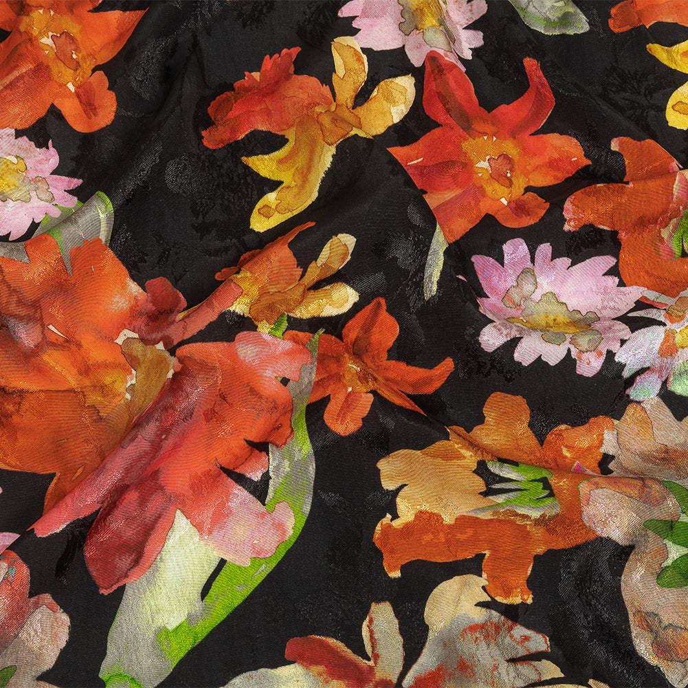 Flowery Sustainable Viscose Jacquard Print - Orange and Red Painterly Floral - Mood Exclusive Painter's Palette