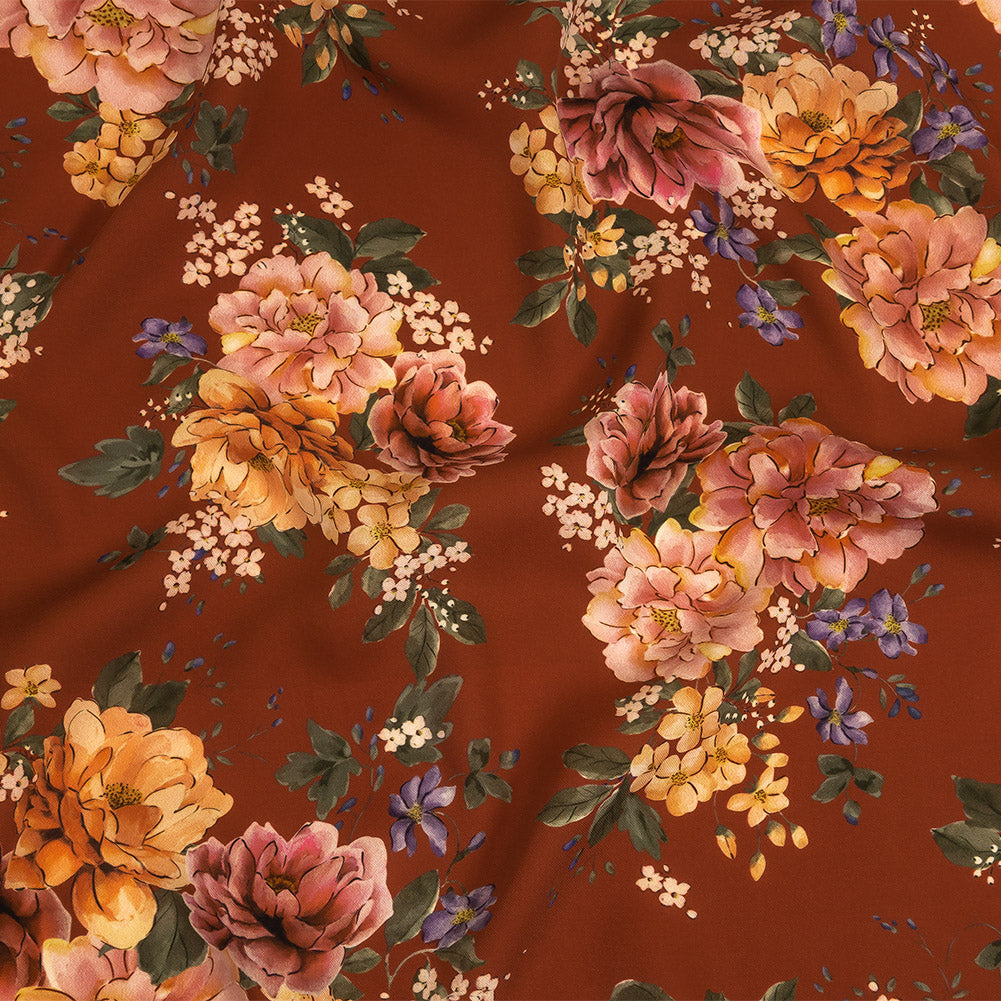 Polyester Twill Print - Clay Red and Pink Floral - Mood Exclusive Halcyon Days