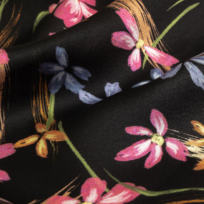 Polyester Charmeuse Print - Black, Pink and Blue Floral - Mood Exclusive In the Wind Detail