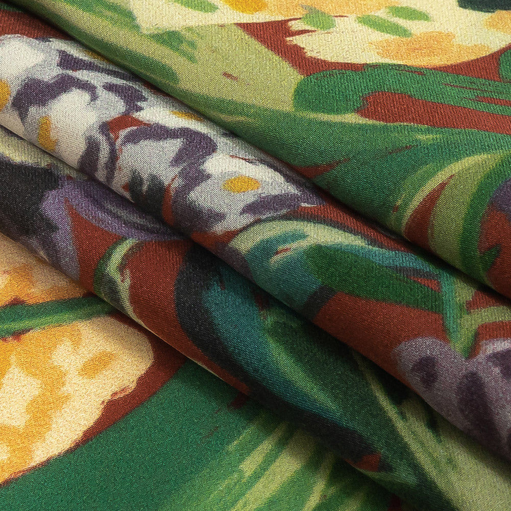 Polyester Crepe de Chine Print - Burnt Russet Brown, Yellow and Purple Floral - Mood Exclusive Language of Flowers Folded