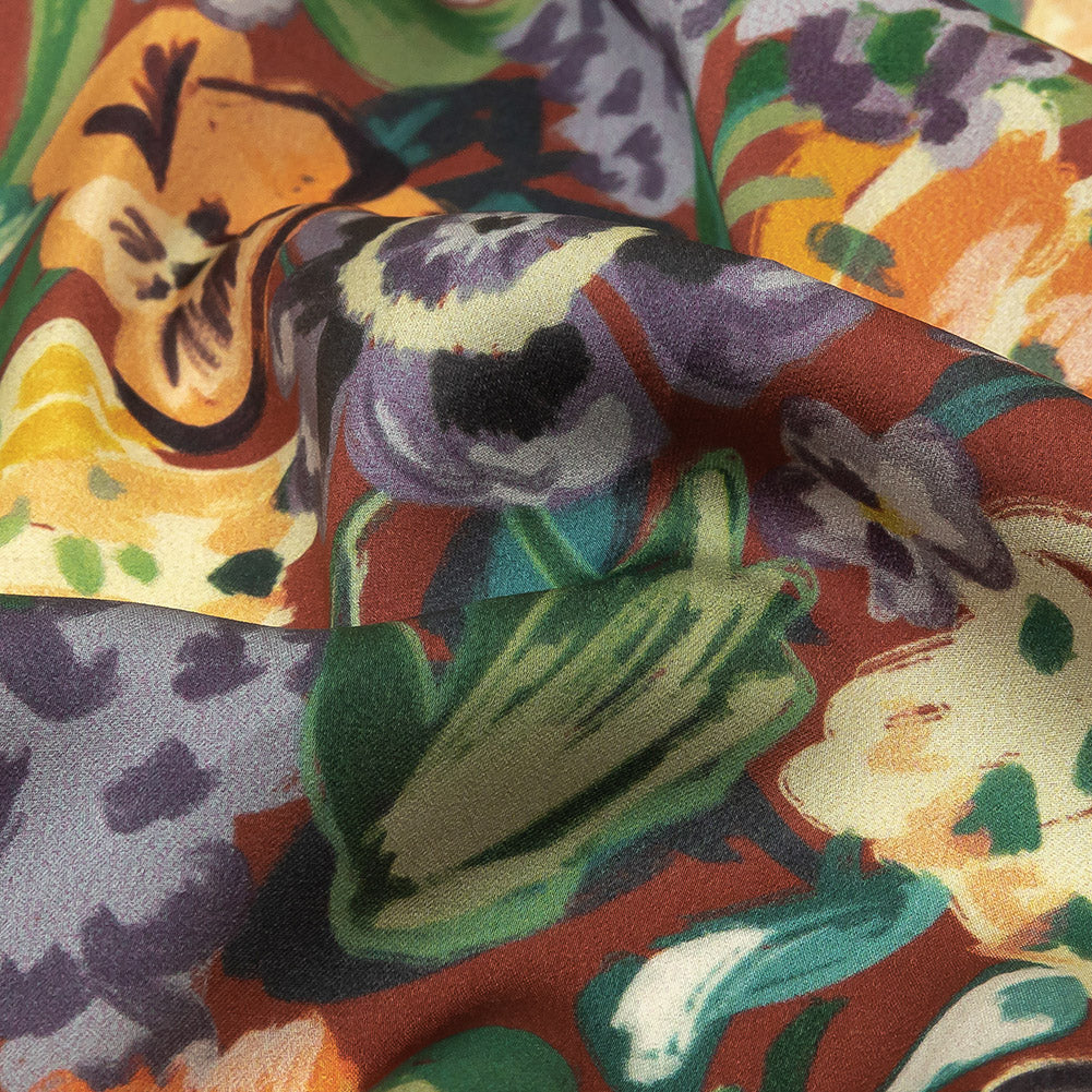 Polyester Crepe de Chine Print - Burnt Russet Brown, Yellow and Purple Floral - Mood Exclusive Language of Flowers Detail