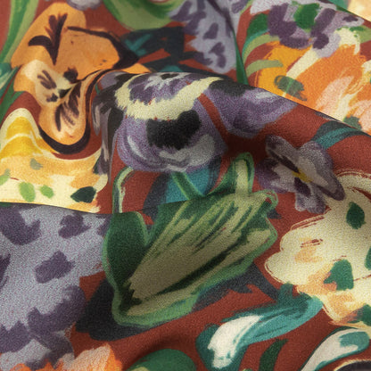 Polyester Crepe de Chine Print - Burnt Russet Brown, Yellow and Purple Floral - Mood Exclusive Language of Flowers Detail
