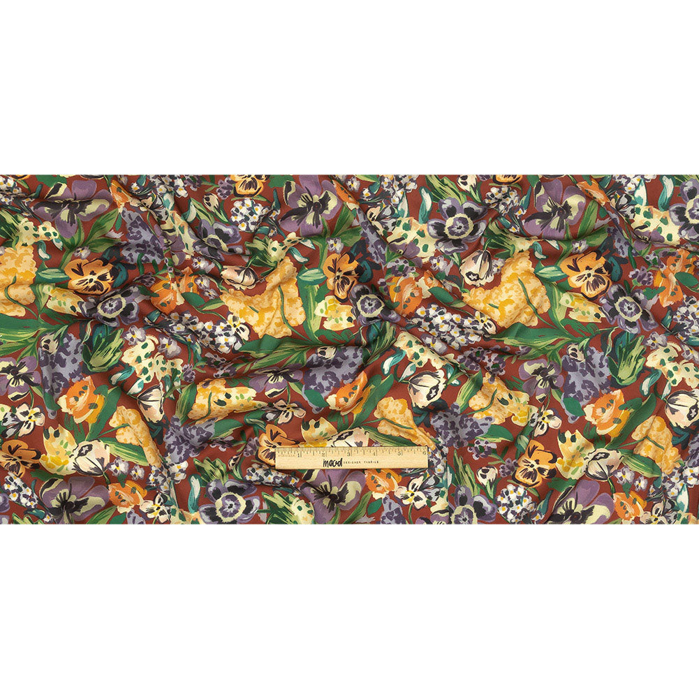 Polyester Crepe de Chine Print - Burnt Russet Brown, Yellow and Purple Floral - Mood Exclusive Language of Flowers Full