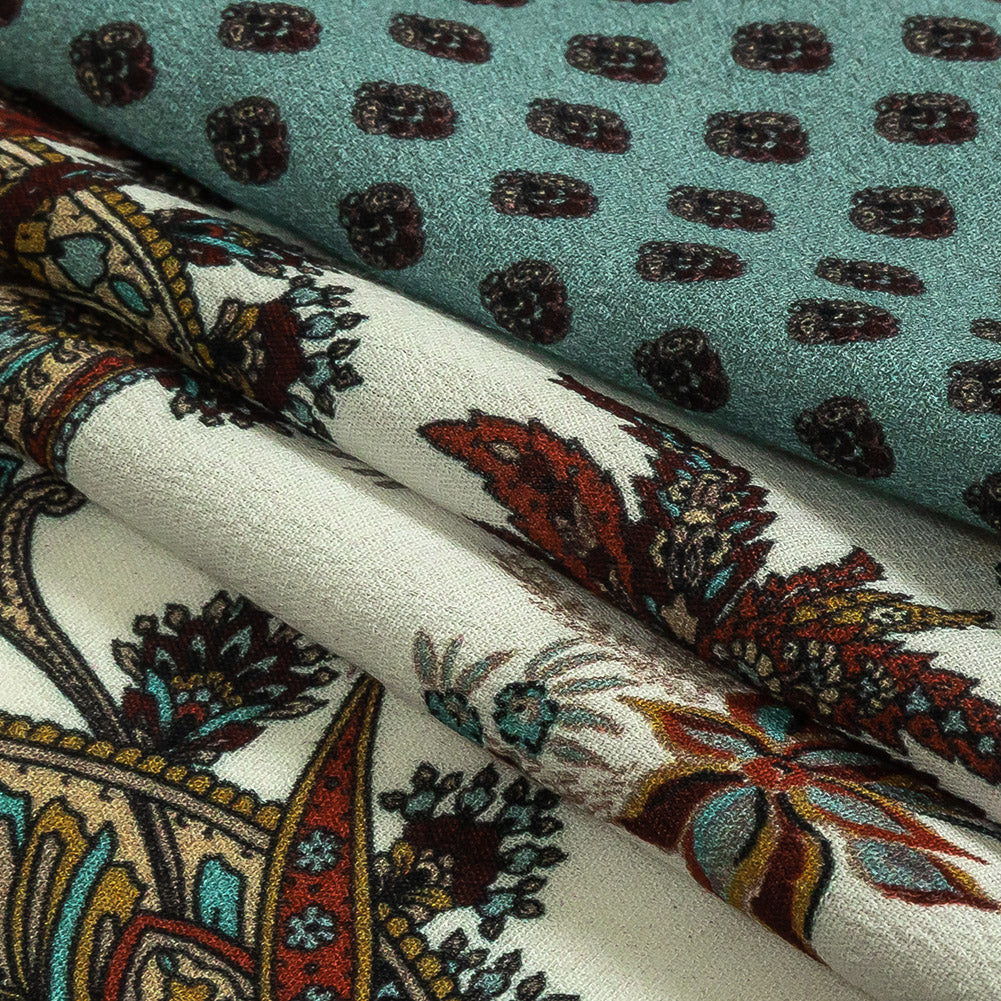 Sustainable Viscose Crepe Panel - Teal and Burgundy Paisley Decorative Squares - Mood Exclusive Destination Dubai Folded