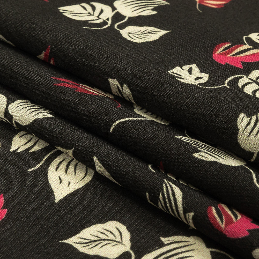 Viscose Crepe Print - Black, White and Pink Leaves - Mood Exclusive Lingering Leaves Folded