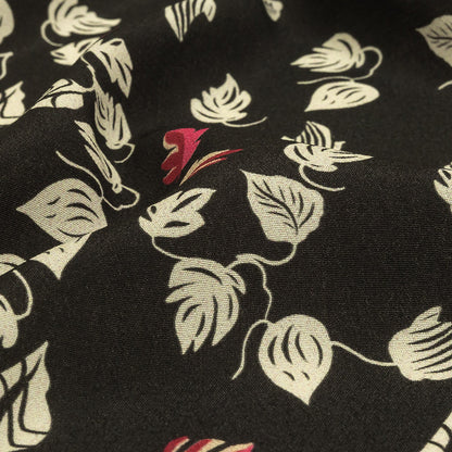 Viscose Crepe Print - Black, White and Pink Leaves - Mood Exclusive Lingering Leaves Detail