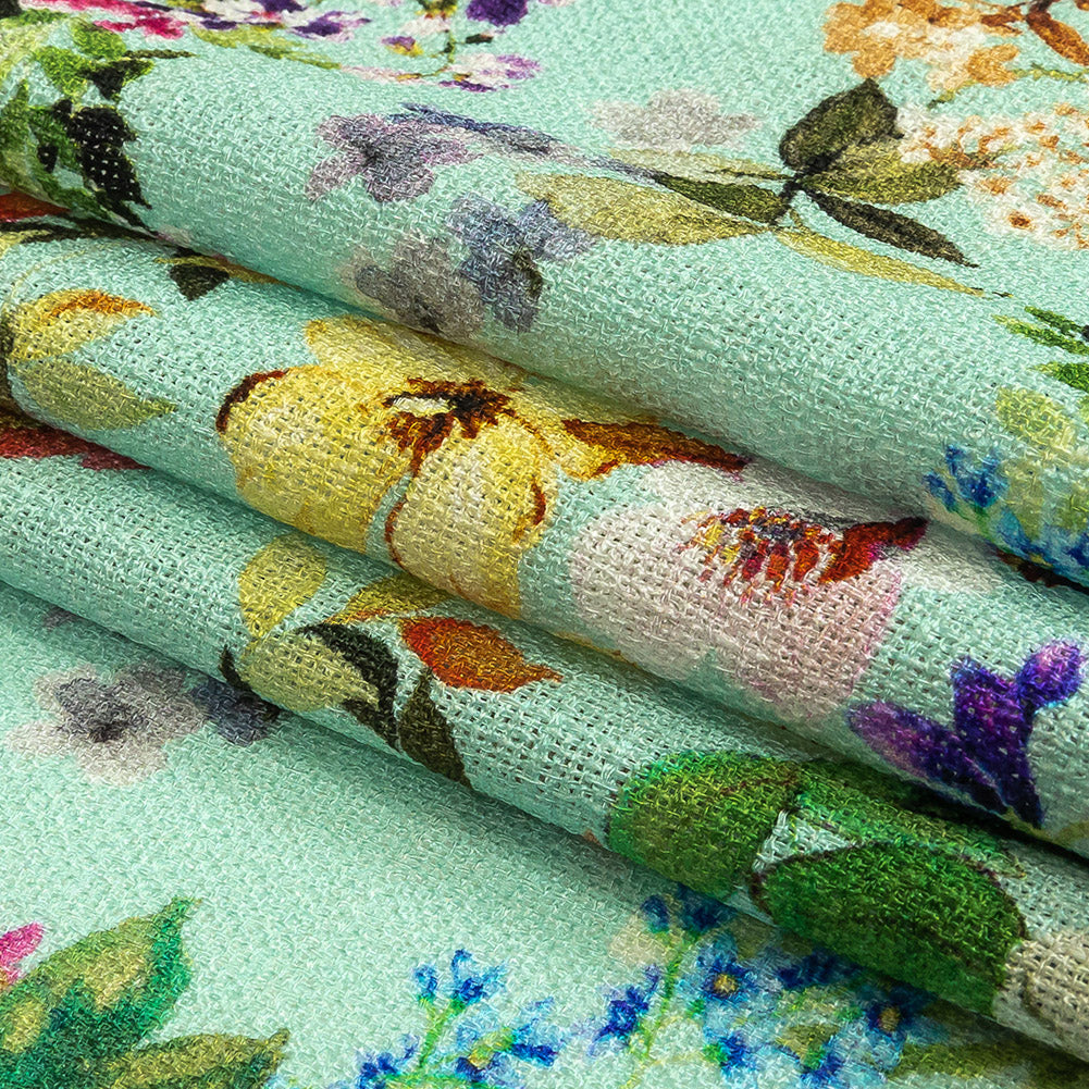Slubbed Polyester Gauze - Aqua and Rainbow Floral - Mood Exclusive Mallorcan Morning Print Folded