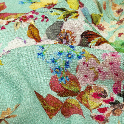 Slubbed Polyester Gauze - Aqua and Rainbow Floral - Mood Exclusive Mallorcan Morning Print Detail