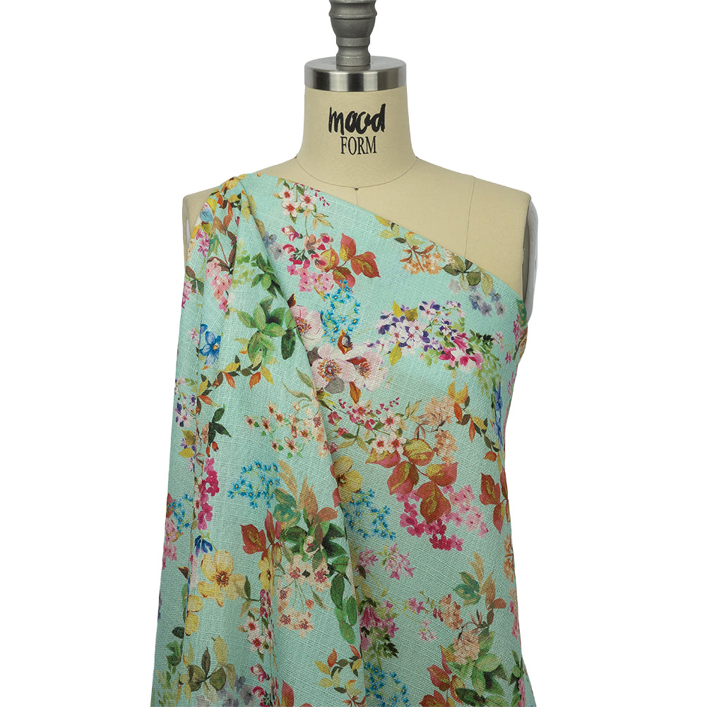 Slubbed Polyester Gauze - Aqua and Rainbow Floral - Mood Exclusive Mallorcan Morning Print Drape