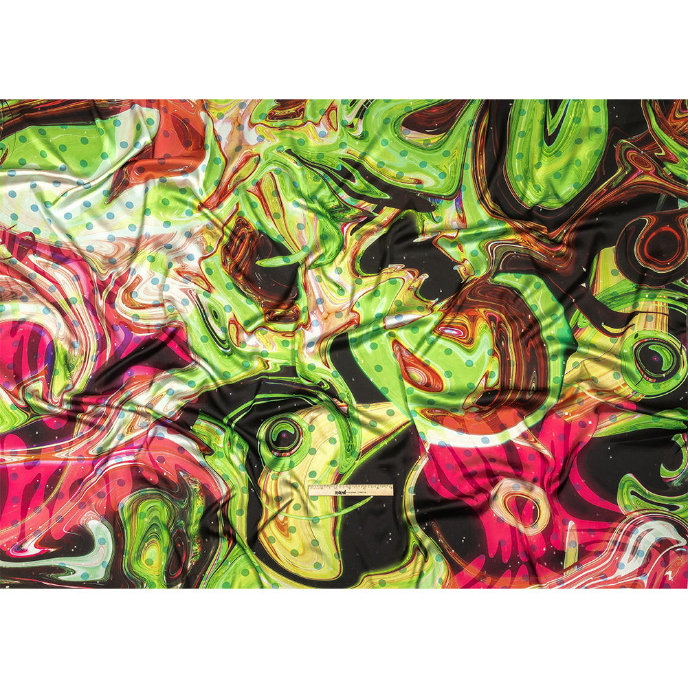 Polyester Charmeuse Print - Lime Green, Pink and Brown Abstract Swirls and Polka Dots - Mood Exclusive Interstellar Full