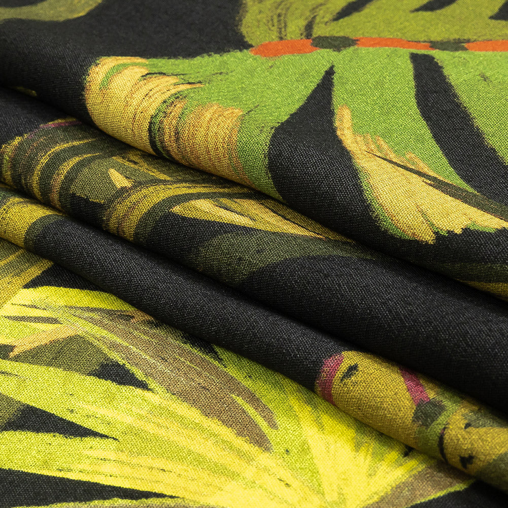 Viscose Crepe Print - Black and Green Palm Leaves - Mood Exclusive Tangled Thicket Folded