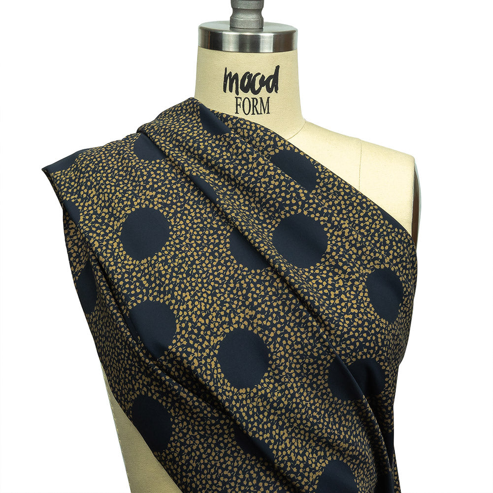 Stretch Polyester Twill Print - Navy Polka Dots in Leaves - Mood Exclusive Tangled Topiary Drape