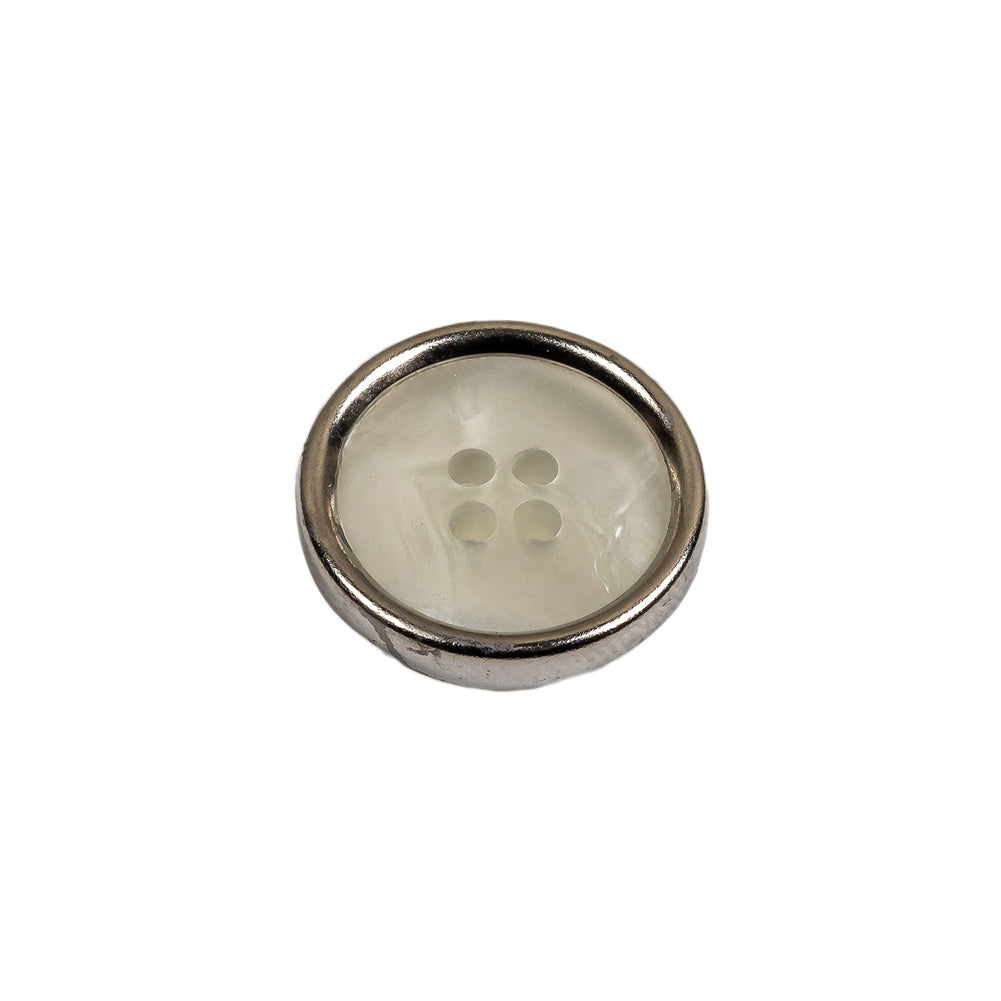 Italian Iridescent White 4 Hole Button with Silver Metal Rim - 28L/18mm Folded