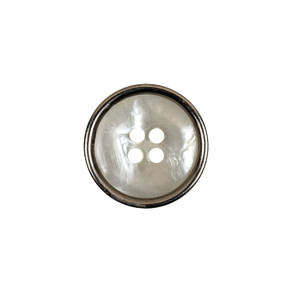 Italian Iridescent White 4 Hole Button with Silver Metal Rim - 28L/18mm