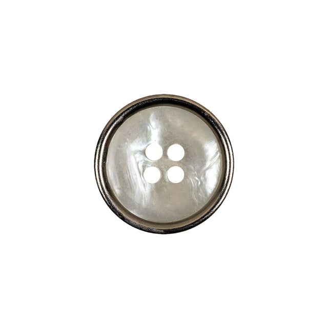 Italian Iridescent White 4 Hole Button with Silver Metal Rim - 28L/18mm