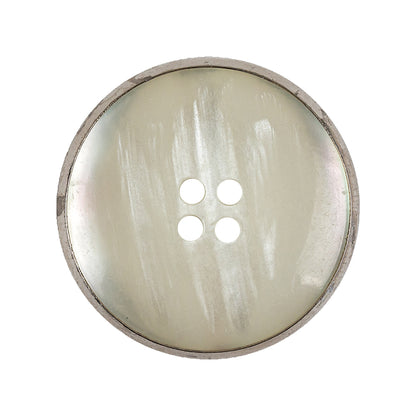 Italian Iridescent White 4 Hole Button with Silver Metal Rim - 44L/28mm Detail