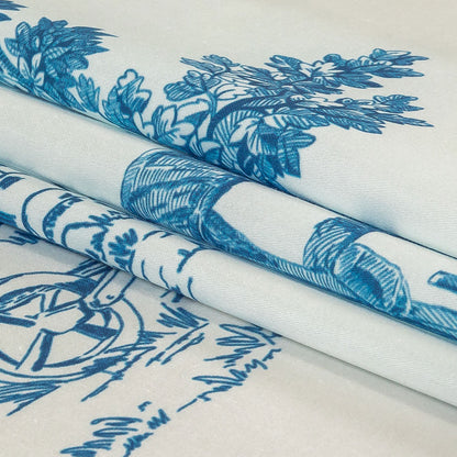Cobalt and White Classic Toile de Jouy Mercerized Organic Egyptian Cotton Shirting