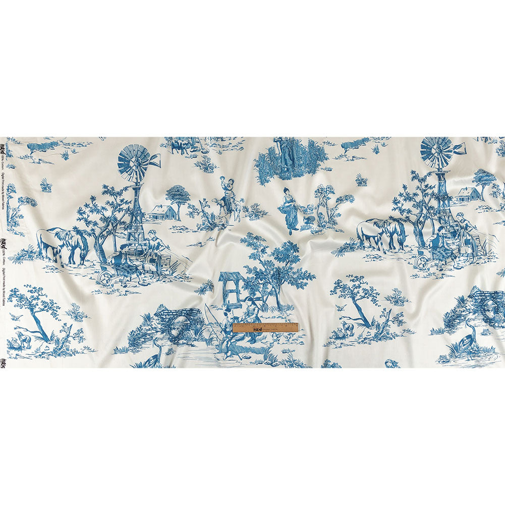 Cobalt and White Classic Toile de Jouy Mercerized Organic Egyptian Cotton Shirting - Full
