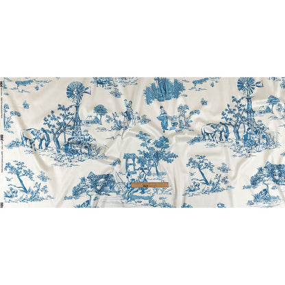 Cobalt and White Classic Toile de Jouy Mercerized Organic Egyptian Cotton Shirting