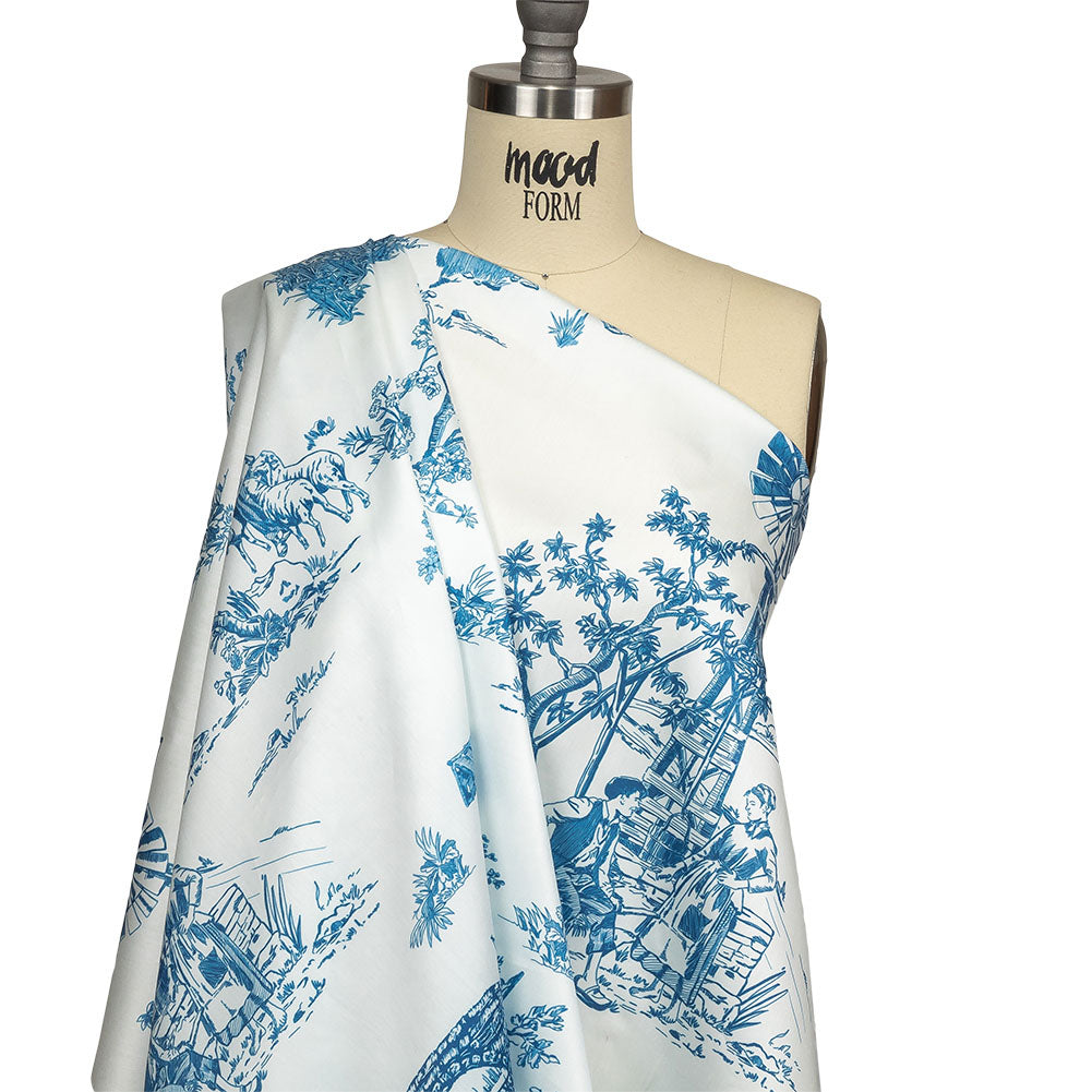 Cobalt and White Classic Toile de Jouy Mercerized Organic Egyptian Cotton Shirting - Drape
