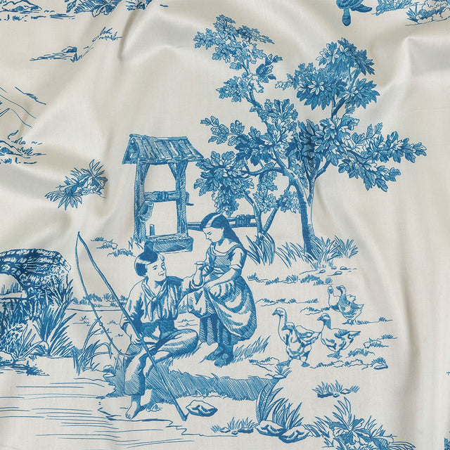 Cobalt and White Classic Toile de Jouy Mercerized Organic Egyptian Cotton Shirting